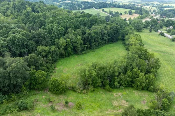 an aerial view of residential houses with outdoor space and trees