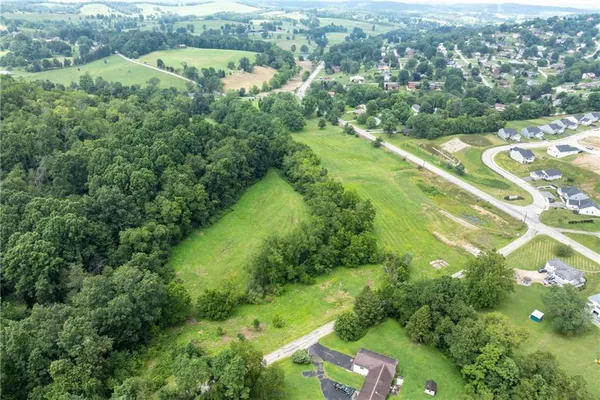 an aerial view of residential houses with outdoor space and trees