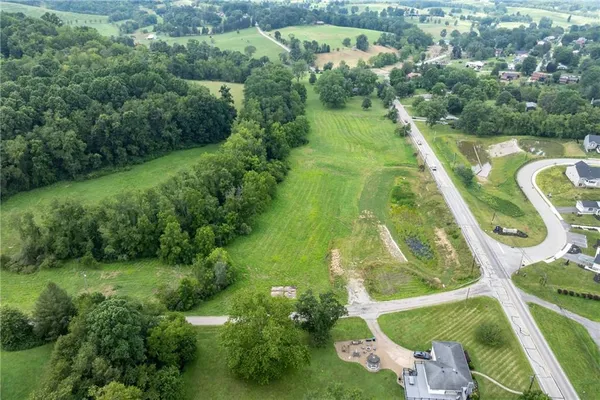 an aerial view of residential houses with outdoor space and trees