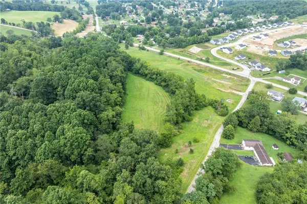 an aerial view of residential houses with outdoor space and trees