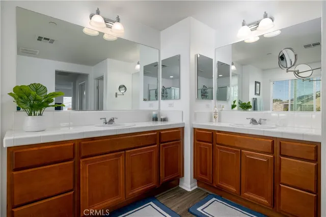 a spacious bathroom with a granite countertop sink a mirror and a potted plant