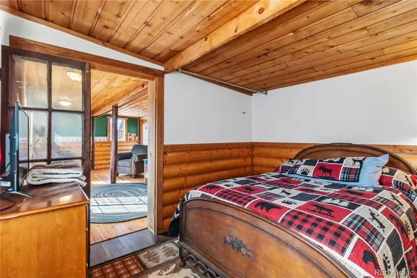 a bedroom with a bed next to a window