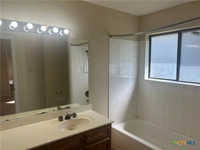 a bathroom with a sink tub vanity and a mirror