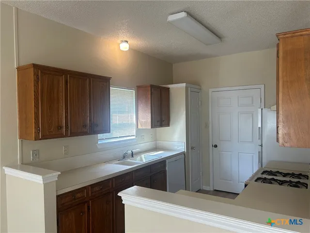 a kitchen with a sink and a refrigerator