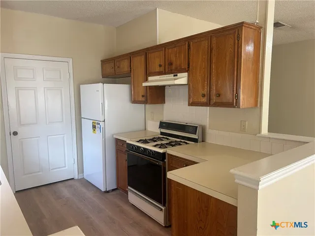 a kitchen with a stove a refrigerator and a sink
