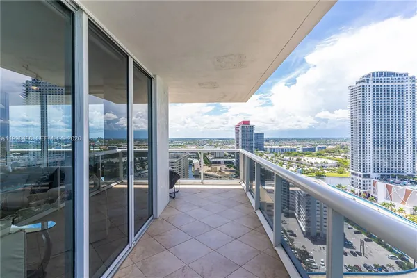 a view of a city from a balcony