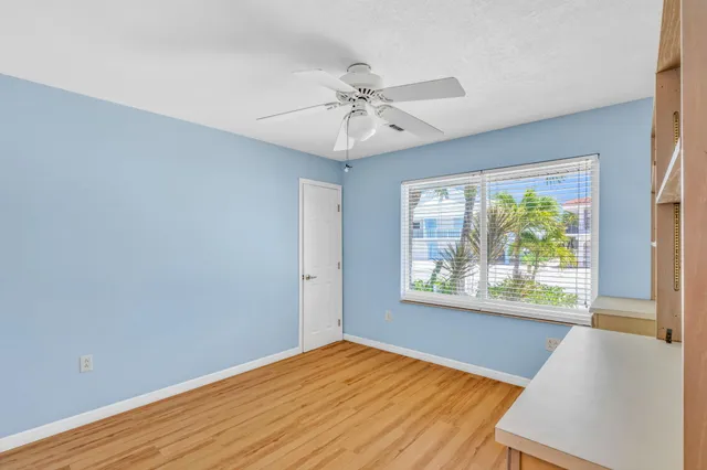a backyard of a house with potted plants and palm trees
