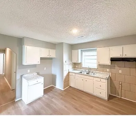 a kitchen with a sink stove and cabinets