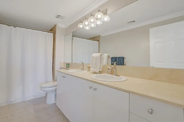 a bathroom with a double vanity sink mirror and toilet