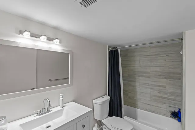 a bathroom with a bathtub shower sink vanity and toilet