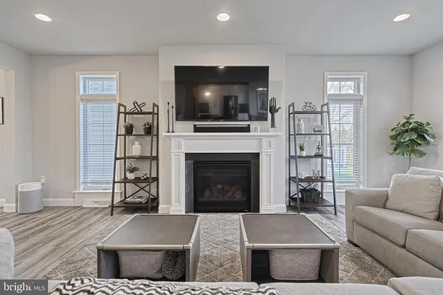 a living room with furniture a flat screen tv and a fireplace