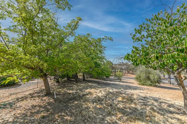 an aerial view of a house with a garden and a yard