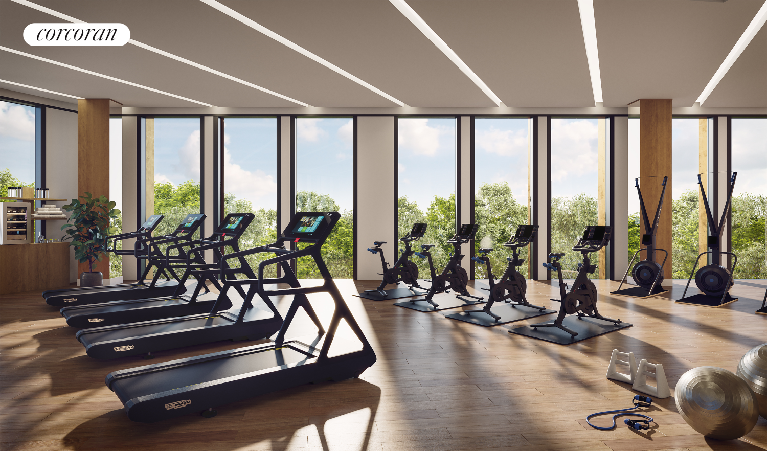 85 Fleet Street, Unit 79D Brooklyn, NY 11201 - Photo 14 of 19 a view of a room with gym equipment and floor to ceiling windows