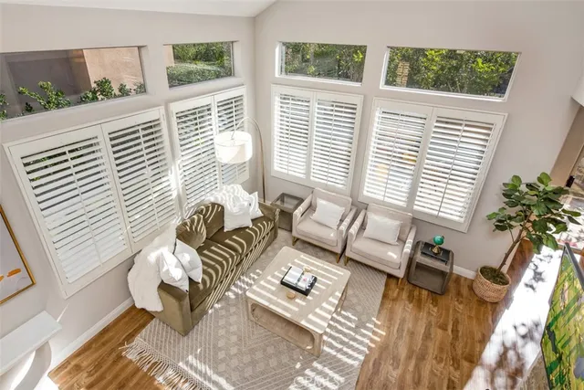 a garden view with a seating space