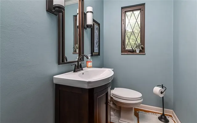 a bathroom with a toilet a sink and mirror