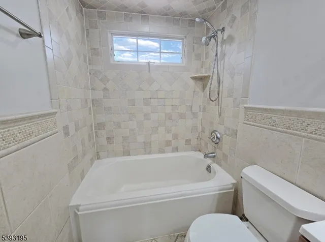 a bathroom with a toilet and a bath tub