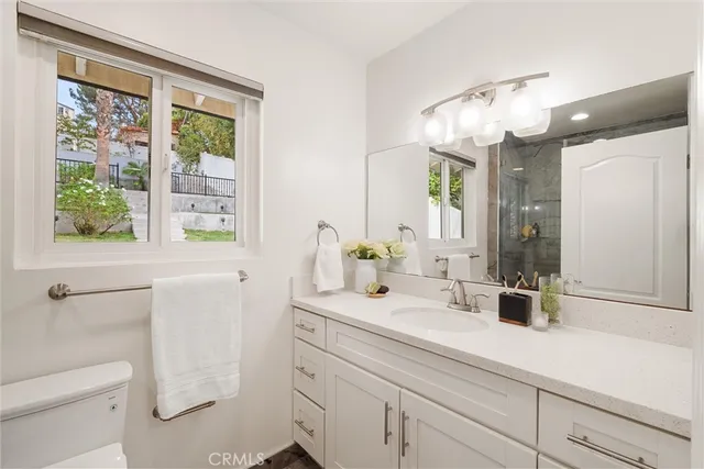 a bathroom with a sink a large mirror and a toilet