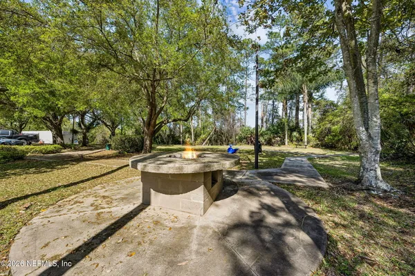 a view of a park with large trees