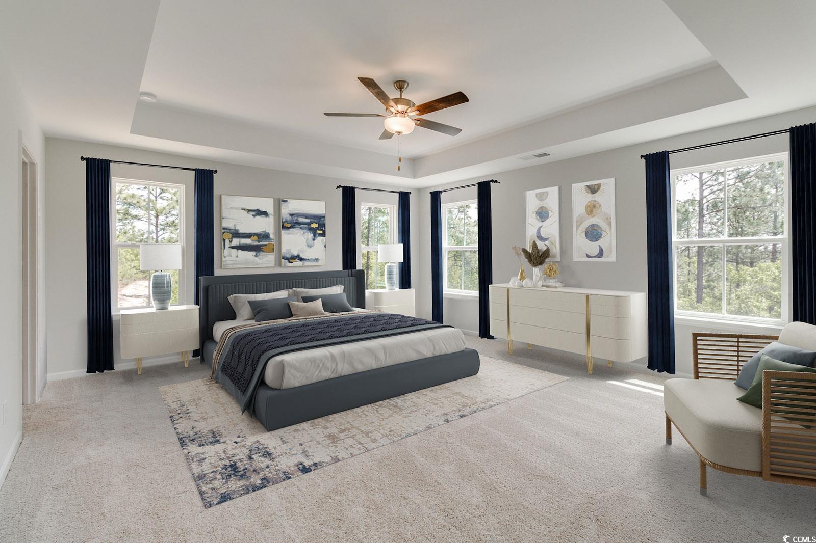 760 Enchantment Loop Myrtle Beach, SC 29588 - Photo 8 of 10 Bedroom with light carpet, ceiling fan, and a tray