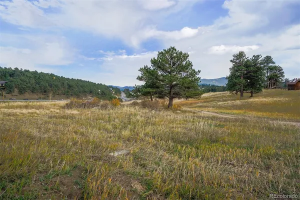 a view of a field with an ocean and trees in the background