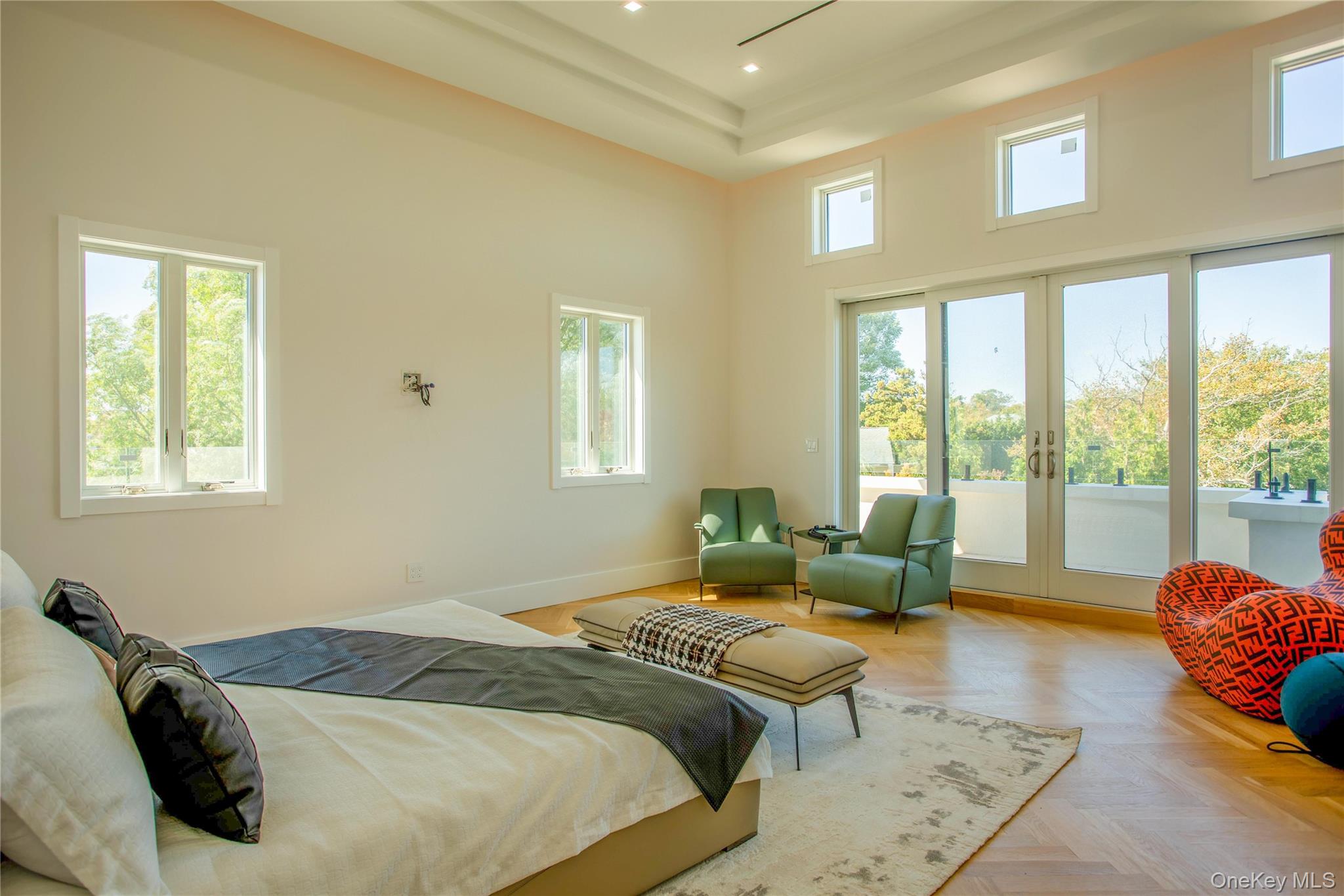 190 Curtis Road Woodmere, NY 11598 - Photo 22 of 45 Bedroom with access to exterior, french doors, a towering ceiling, recessed lighting, and a tray ceiling