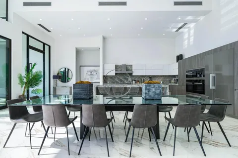 a view of a dining room with furniture