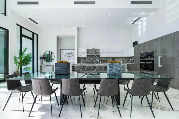 a view of a dining room with furniture