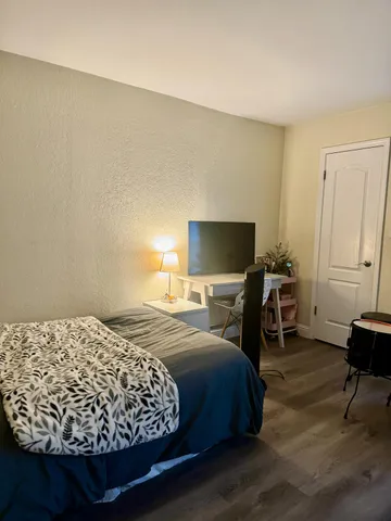 a bedroom with a bed a chair and a potted plant on the dresser