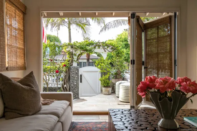 a living room with furniture and a potted plant