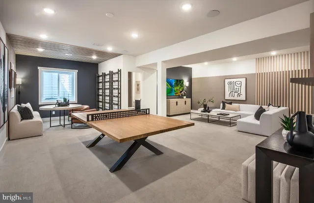 a living room with furniture a rug and potted plant