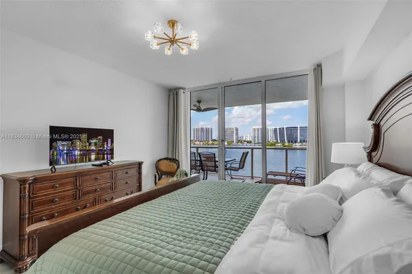 a bedroom with a large bed and a tv