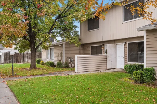 a backyard of a house with plants and large tree