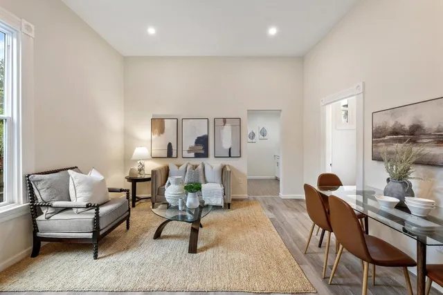 a living room with furniture and a potted plant
