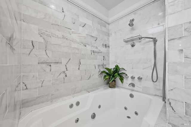 a bathroom with a bathtub and shower
