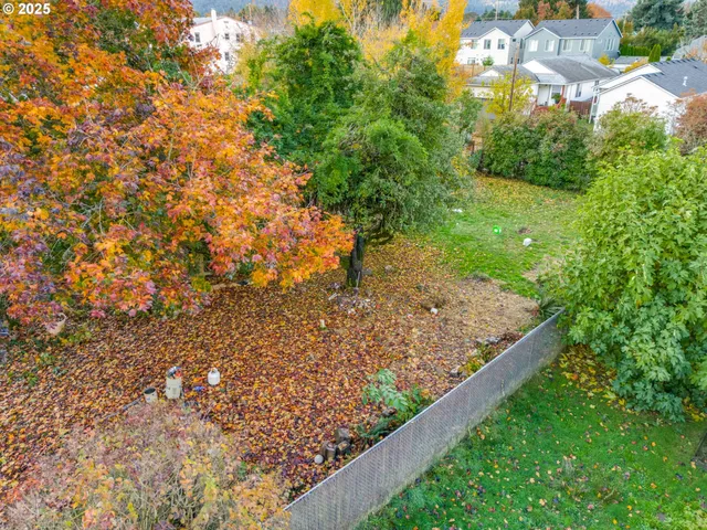 a view of a yard with wooden fence