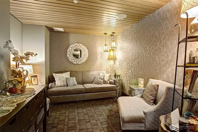 a view of a dining room with furniture