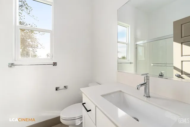a bathroom with a sink toilet vanity and window
