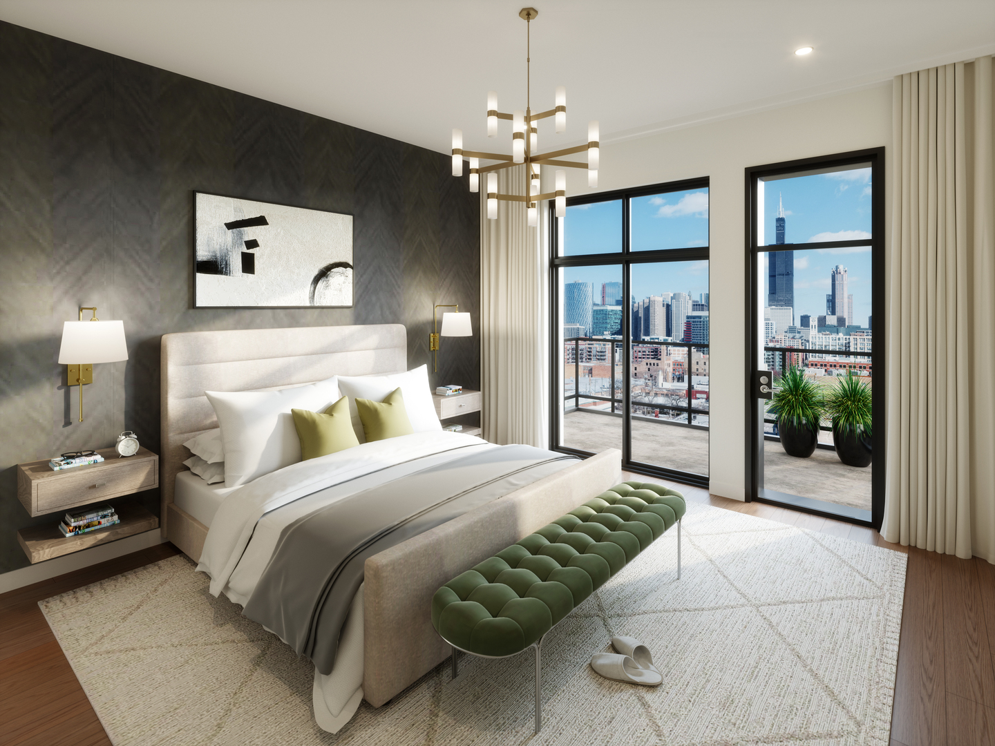 313 South Racine Avenue, Unit PHD Chicago, IL 60607 - Photo 7 of 8 a spacious bedroom with a large bed and a chandelier