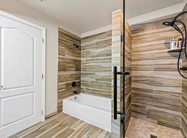 a bathroom with a bathtub and a shower