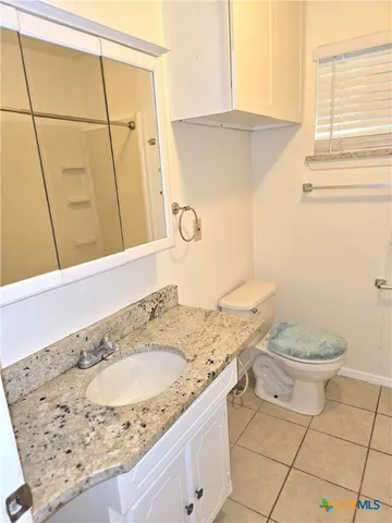 a bathroom with a granite countertop sink a toilet and a mirror