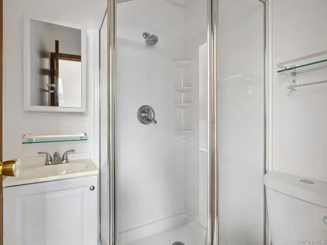a bathroom with a shower sink and mirror