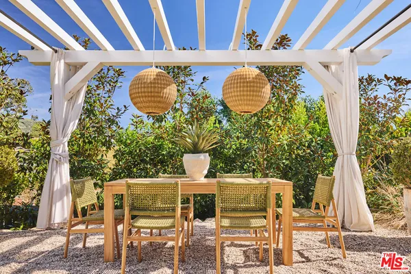 a backyard of a house with table and chairs