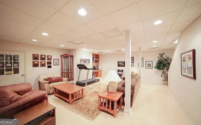 a view of a park with large trees