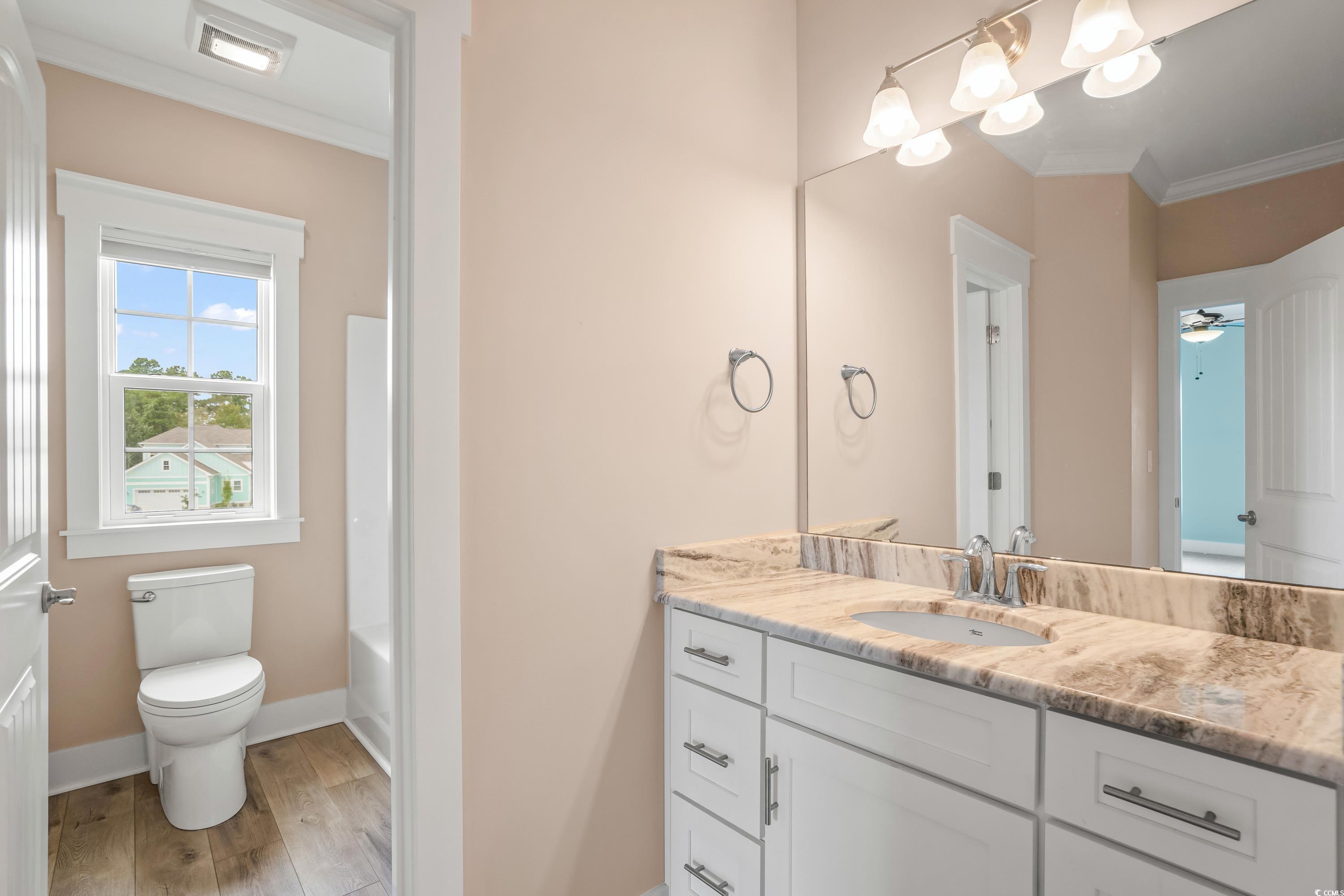 3048 Moss Bridge Lane Myrtle Beach, SC 29579 - Photo 29 of 40 Bathroom with vanity, crown molding, toilet, hardw