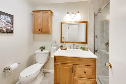 a bathroom with a sink a toilet and mirror