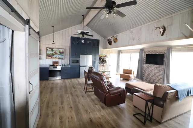 a view of a dry yard with green space