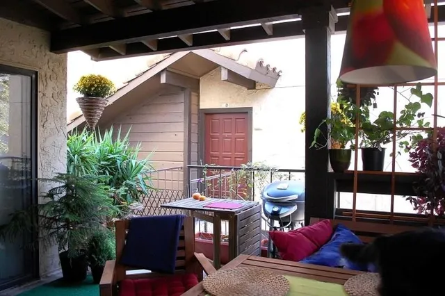 a view of balcony with a potted plant