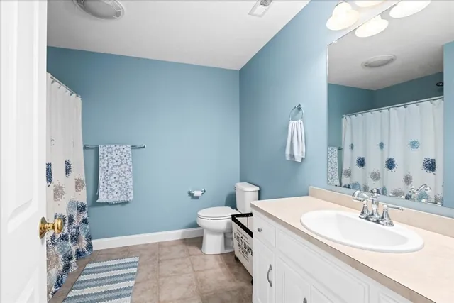 a bathroom with a double vanity sink mirror and toilet