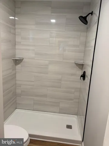 a bathroom with a shower and a toilet
