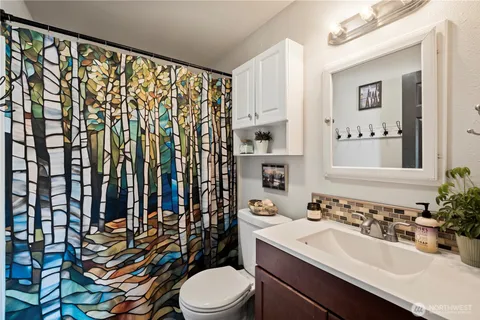 a bathroom with a sink a toilet and shower curtain